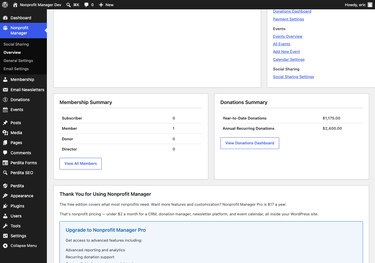 Nonprofit Manager dashboard showing membership and donation statistics